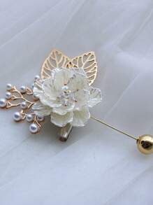 1枚象牙色法式新郎婚礼水晶花朵胸针，西装配饰，日常会议胸花，婚礼装饰，情人节配饰 - 白色 - 查看 8