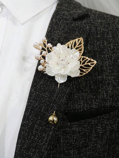1pc Ivory French Groom Wedding Crystal Flower Brooch, Suit Accessory Boutonniere For Daily Meeting, Wedding Decoration Valentine's Day Accessories