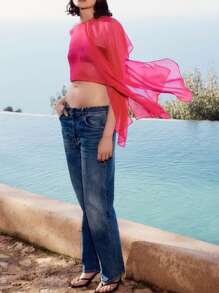 1pc Women's Sheer Chiffon Cape, Asymmetrical French Romantic Sun Protection Clothing Loose Outerwear With Resort Atmosphere, Short Length To Bare Midriff, Bikini Cover-Up