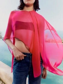 1pc Women's Sheer Chiffon Cape, Asymmetrical French Romantic Sun Protection Clothing Loose Outerwear With Resort Atmosphere, Short Length To Bare Midriff, Bikini Cover-Up