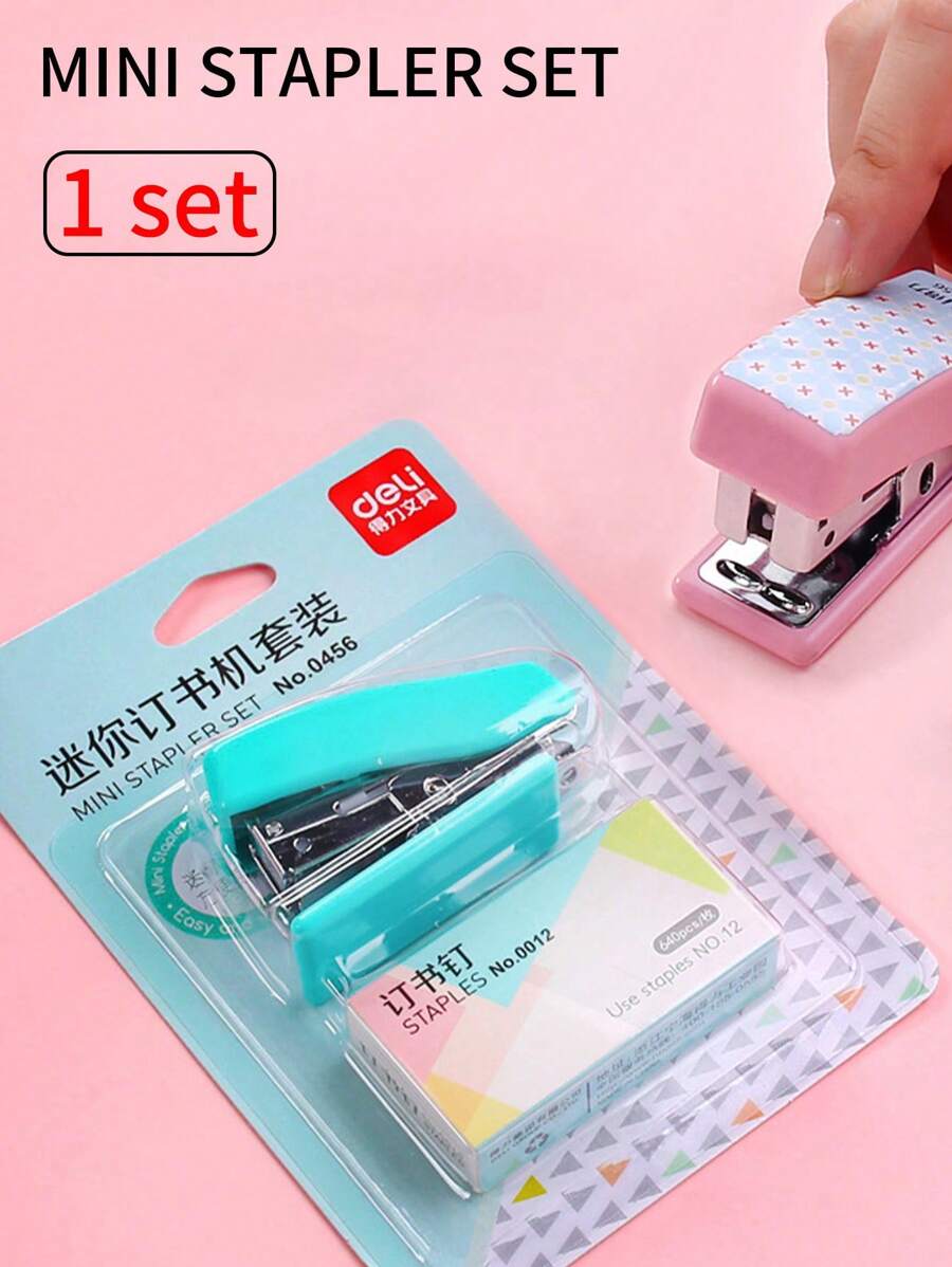 Deli 1 Set 0456 Stapler Set (Green/Pink/White) Cute Cartoon Stapler Mini Size Stapler Student Stationery Portable Office Stapler - Multicolor - View 1