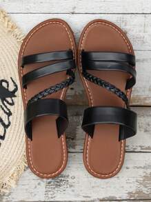 Damskie sandały na płaskiej podeszwie w stylu boho z tkanym paskiem i pierścieniem na palcach, idealne na festiwal muzyczny, imprezę na plaży, randki w lecie