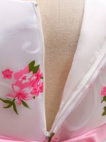 女童无袖圆领印花网纱连衣裙，优雅，不含头饰