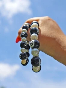 1入男士珠子珍珠手鍊，8mm萬聖節音樂節派對庫巴風格嘻哈珍珠手鍊 - 黑與白 - 查看 2