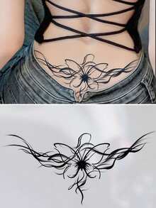 1 Peça tatuagem temporária de flores em 3D para arte corporal no desenho para a cintura e costas femininas, tatuagens falsas de borboleta negra e flor - Preto - Visão 2