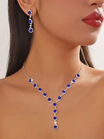 Elegant smyckesset för kvinnor med gnistrande blå rhinestone halsband & örhängen, perfekt för fester, bröllop eller andra formella evenemang