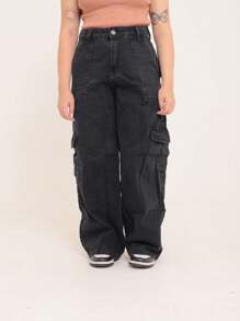 Wide Leg Cargo Jeans - Light Grey - View 3
