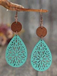 1對女性復古波西米亞風格中空花卉皮革和木製垂墜耳環（多色水滴形）