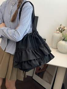 Fashionable Casual Pleated Lace Decorated Drawstring Women Tote Bag For Vacation, Japanese Bag, Literary School Bag For Teens, Book Bag For Women Or Students, Perfect For Books, Shopping, Back To School And More
