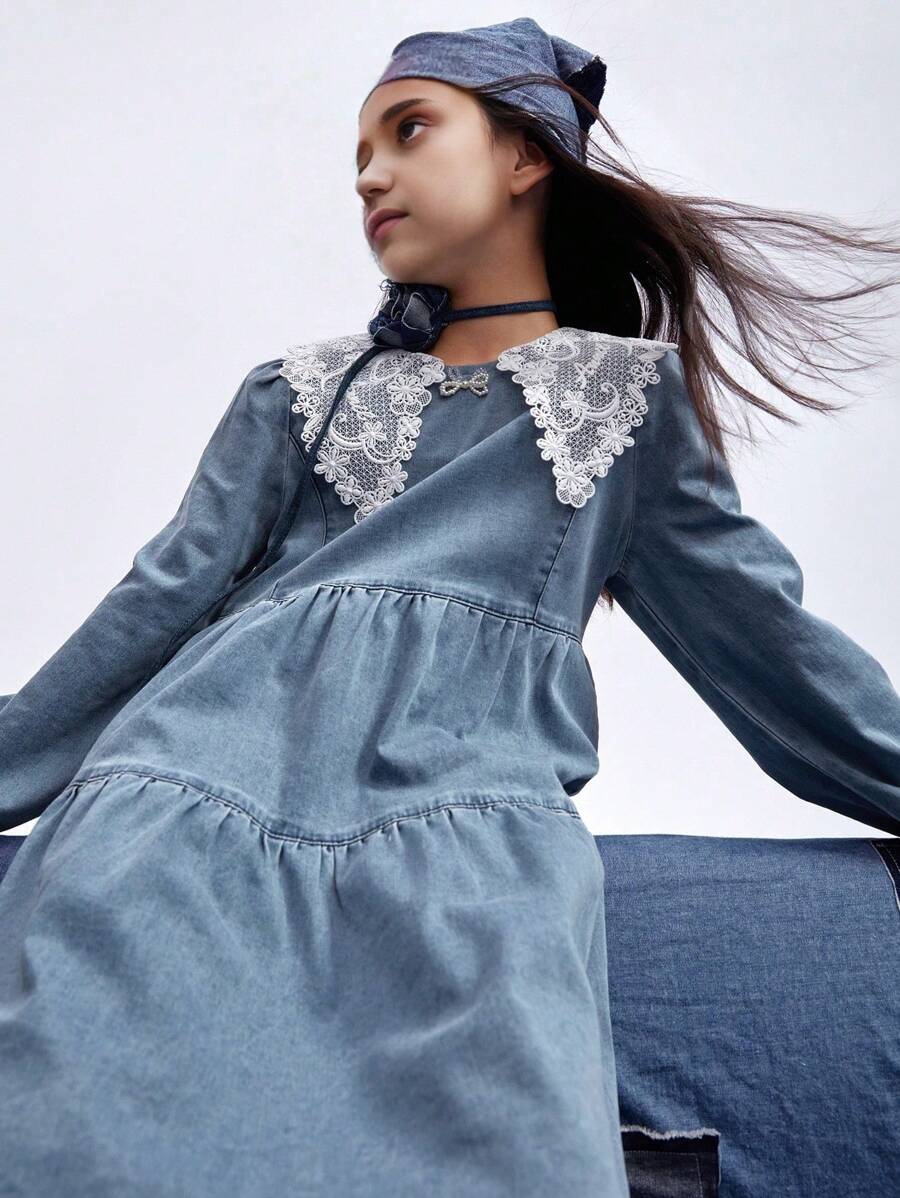 Annil Tween Girl Spring And Autumn Retro Lace Pattern Lapels Long Sleeve Denim Dress - Blue - View 1