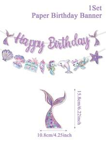 1pc Purple Mermaid Dinosaur Birthday Banner Pull Flag, Purple Mermaid Theme Birthday Party Room Wall Background Decoration Supplies, Favorite Mermaid Style Party Favor, Birthday Gift, Birthday Decor, Home Decor Wall Decor
