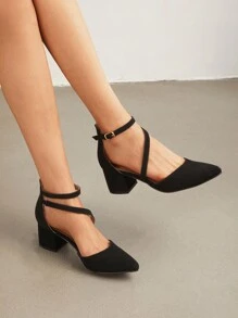 Women's Closed Pointed Toe Low Chunky Heels Pumps Ankle Strap Wedding Business Dressy Shoes - màu đen - Xem 3