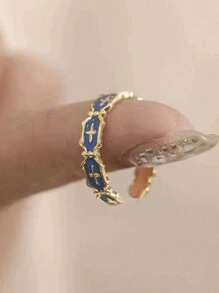 2pcs Fashion Retro Enamel Cross Pattern Open Ring With Floral Decoration For Women's Everyday Wear, Adjustable - Multicolor - View 2