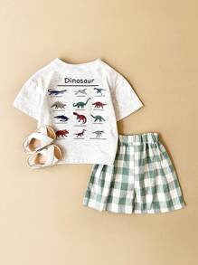 2pcs Baby Boy Casual Dinosaur Printed Short Sleeve T-Shirt And Plaid Shorts Set For Summer