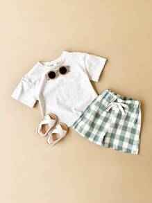 2pcs Baby Boy Casual Dinosaur Printed Short Sleeve T-Shirt And Plaid Shorts Set For Summer