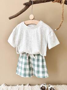 2pcs Baby Boy Casual Dinosaur Printed Short Sleeve T-Shirt And Plaid Shorts Set For Summer