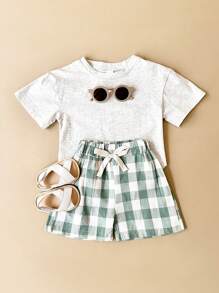 2pcs Baby Boy Casual Dinosaur Printed Short Sleeve T-Shirt And Plaid Shorts Set For Summer