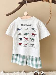 2pcs Baby Boy Casual Dinosaur Printed Short Sleeve T-Shirt And Plaid Shorts Set For Summer