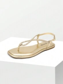 Women's Flat Sandals Fashion Rhinestone Flat Sandals With Ankle Strap For Summers Dress Casual - 金色 - 查看 8