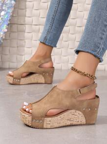 Vintage Spring/Summer New Style Rivet Wedge Heeled Peep-Toe Sandals For Women, Hollow Out Waterproof Platform Design With Hook-And-Loop, Perfect For Holiday Valentines - Khaki - View 4