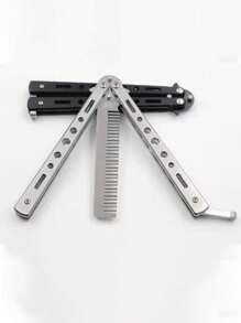 1pc Stainless Steel Folding Comb Butterfly Knife Comb Beard And Mustache Brush Salon Hair Styling Tool - Multicolor - View 5