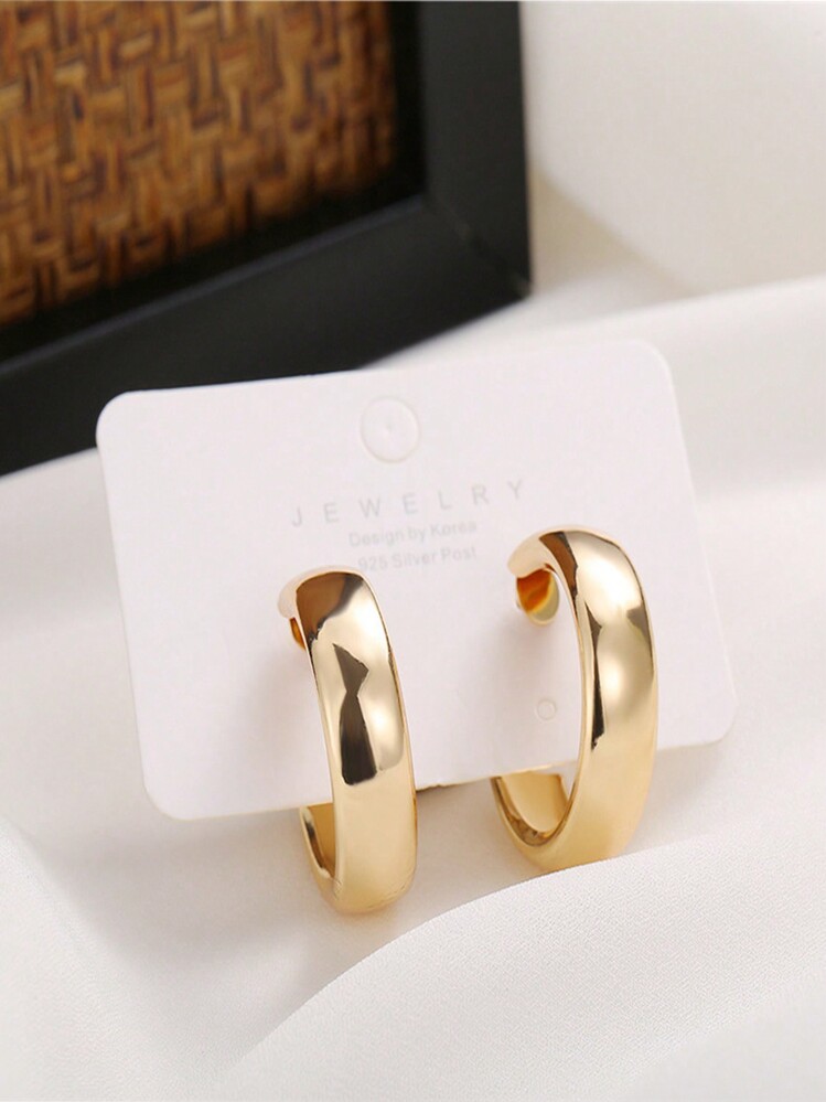 2對簡約不鏽鋼幾何C形圓形女士耳釘，多功能時尚珠寶 - 金黃色 - 查看 5