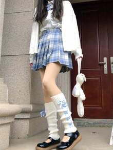 1 par de calentadores de piernas japoneses rayados en blanco y azul estilo JK con hermoso diseño de cordón cruzado, para invierno - Blanco - Ver 6