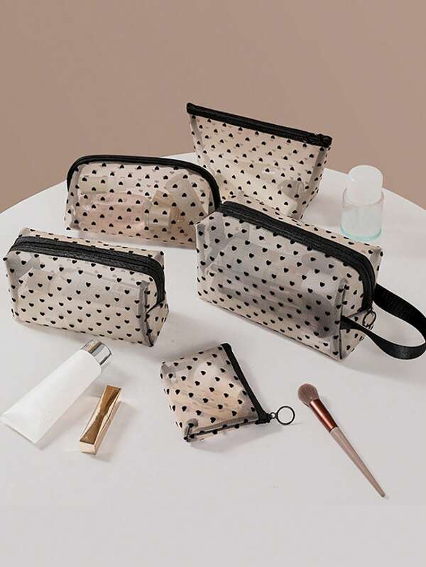 1pc/5pcs Printed Mesh Cosmetic Bag Love Cosmetic Bag Flocked Clear Storage Bag, Large Capacity Cosmetic Bag Portable Cosmetic Storage Bag, Lipstick And Coin Purse Toiletry Bag Travel Hand Storage Bag Women Lipstick Small Bag Mesh Cosmetic Bag Shell Bag Storage Hollow Toiletry Bag, Toiletry Bag Heart Printed Transparent Mesh Cosmetic Bag Travel Toiletries Toiletries Makeup Bag Makeup Bags Makeup Organizer Make Up Organizer Makeup Storage