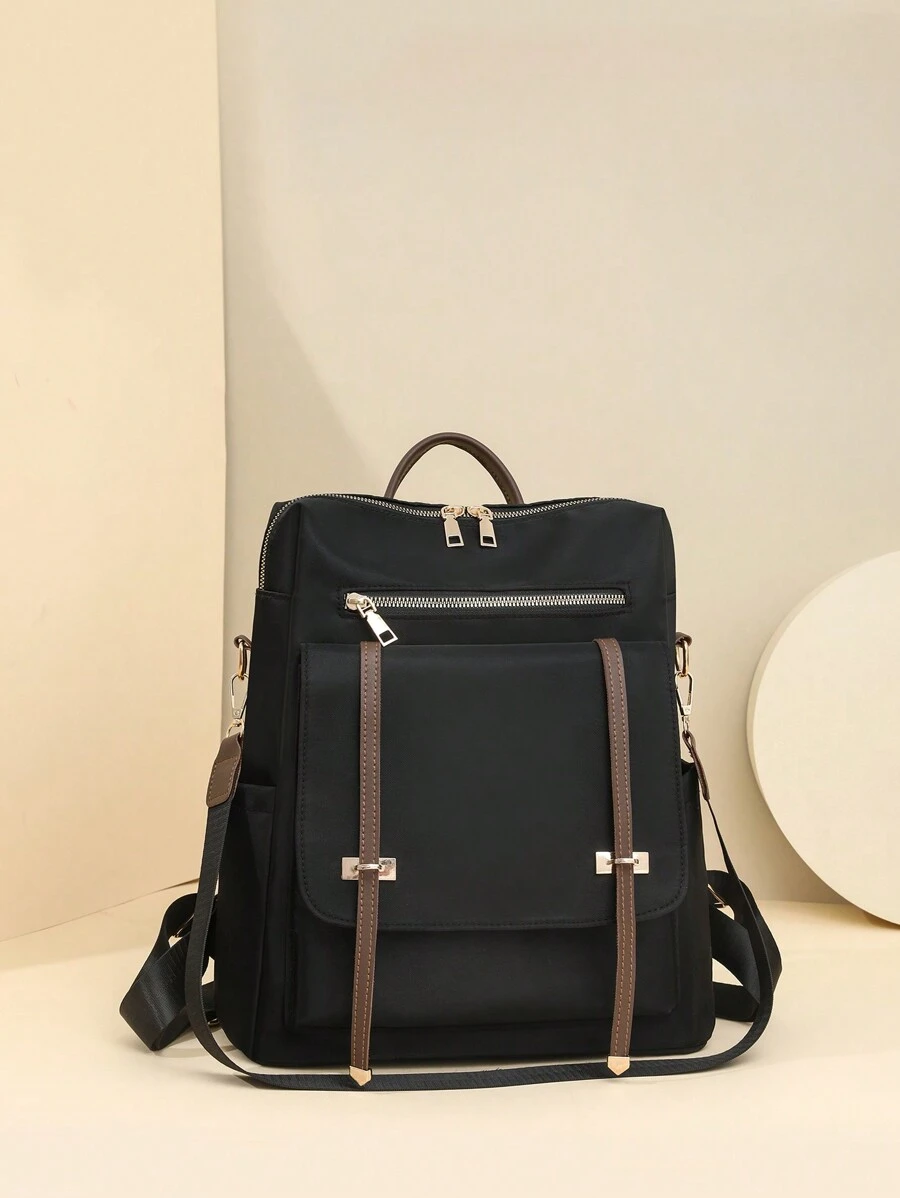 ZMBAG Women's Fashionable Square Nylon Backpack With Flap Cover, Large Capacity College Style Student Backpack, School Backpack - Black - View 1