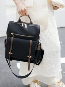 ZMBAG Women's Fashionable Square Nylon Backpack With Flap Cover, Large Capacity College Style Student Backpack, School Backpack - Black - View 2