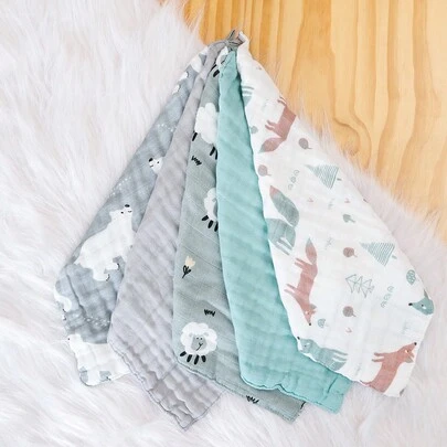 5入組竹紗方巾，4層柔軟的面巾，可愛印花噴嚏巾