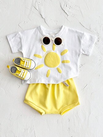 2pcs Baby Boy Cartoon Printed Short Sleeve T-Shirt And Triangle Shorts Set For Summer