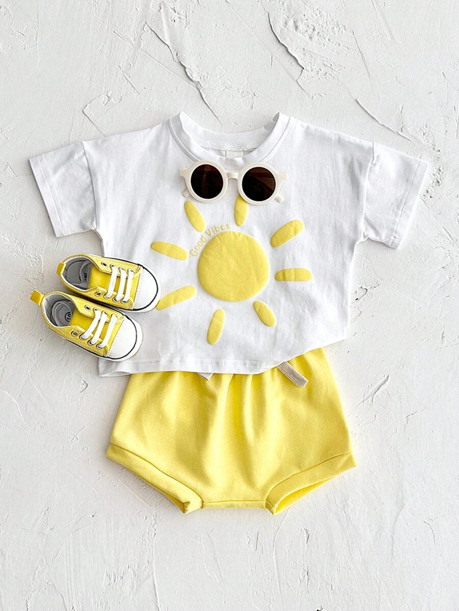 2 件装夏季男童卡通印花短袖 T 恤和三角短裤套装