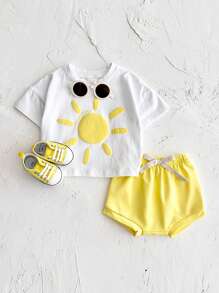 2 件装夏季男童卡通印花短袖 T 恤和三角短裤套装