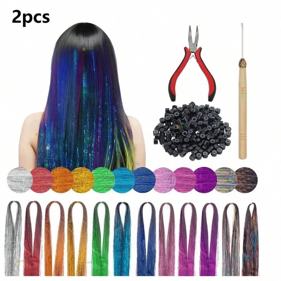Kit De Extensiones De Glitter Tinsel Para Cabello 120cm 2Pcs