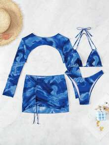 Conjunto De Bikini De Varios Piezas Con Estampado Floral,Sujetador Con Cordones Y Bottom Fruncida,Conjunto De Tankini Fruncido Con Cordón Y Estampado Floral,Traje De Baño Separado De Varias 4 Piezas - Azul - Ver 4