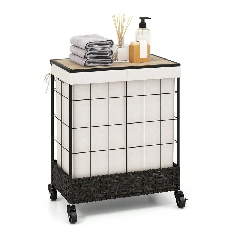 Laundry Hamper, 110L Large Capacity Handwoven Rattan Laundry Basket With Lid & Lockable Wheels, 2 Section Clothes Hamper With Handle & Removable Liner Bag, Rattan Weaving Laundry Basket For Laundry Room, Bathroom Organization - Black - View 1