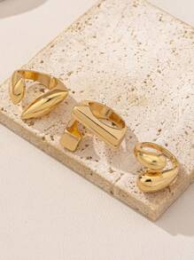 3入組幾何中空金色戒指套裝，時尚簡約風格 - 金黃色 - 查看 2