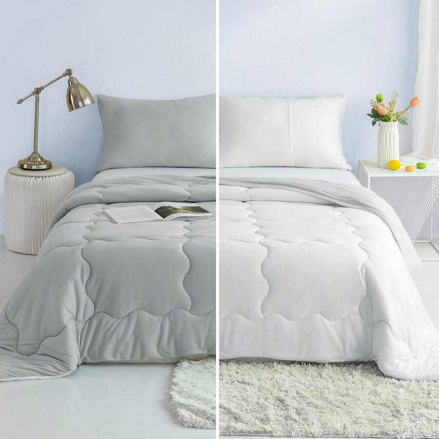 Nice Reversible Ultra-Soft Bedding Comforter Set - Jersey Knit T-Shirt Feeling - Cute Fluffy Lightweight Bedding Down Blanket Quilt With Pillowsham For Man Women Girl All Season Use - Twin / TWIN XL FULL QUEEN KING CAL KING Size - Rose Pink Purple Blue White Grey Blue Yellow Olive Emerald Green - 淺灰色 - 查看 1
