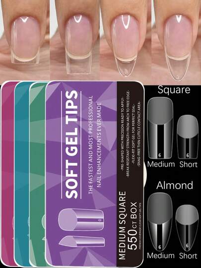 550pcs/Box Almond Square False Soft Gel Nail False Tips, Short/Medium Almond Square Shape False, Transparent Semi-Matte Full Coverage Tips Pre-Shaped Professional Acrylic Press On Nail Tips For Nail Extension Salon Manicure Accessories Tools Press On Nails Supplies