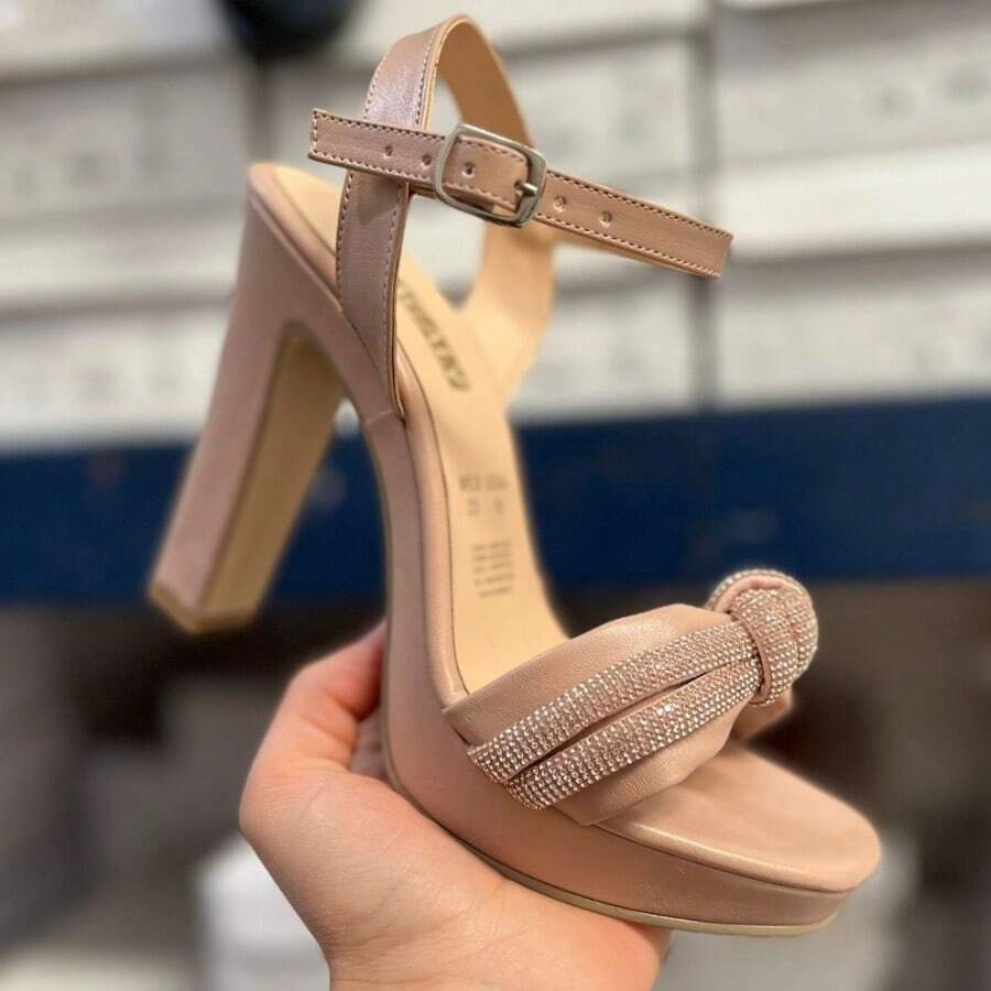 Zapatos Sandalias de Tacón con Detalle de Nudo y Brillos en Color Nude - Beis - Ver 1