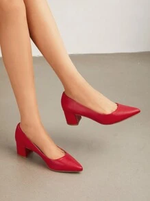 Women's Chunky Low Block Heels Closed Toe Dress Wedding Pumps Shoes - الأحمر - مشاهدة 3