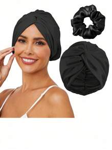 Silk Bonnet For Sleeping, Satin Hair Bonnets Large Sleep Cap For Women, Hair Wrap For Curly Hair Afros With Tie Band - Black - View 1