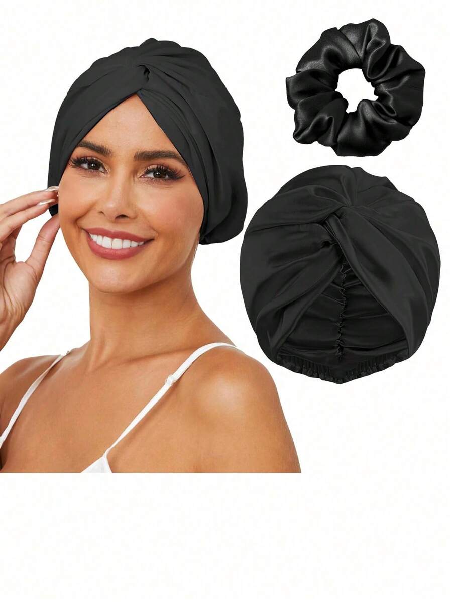 Silk Bonnet For Sleeping, Satin Hair Bonnets Large Sleep Cap For Women, Hair Wrap For Curly Hair Afros With Tie Band - Black - View 1