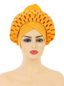 1pc Adjustable Muslim Hijab Auto Gele With Space Braid, Rhinestone Embellished African/ Cap Hair Sleep Cap - Hand-woven Hot Diamond - View 14