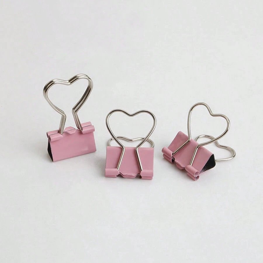 5pcs Pink Heart Shaped Binder Clips, 19mm Long Tail Clips For Stationery & Document Organization - Pink - View 1