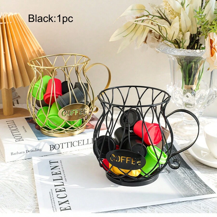 1pc Creative Iron Coffee Capsule Storage Basket, Home Kitchen Fruit Plate, Desk Snack Organizer, Metal Large Capacity Coffee Storage Rack Decoration - Gold - View 1