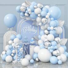 146pcs/Set Blue And White Balloon Arch Set, Light Blue And White Silver Balloon Wreath With 4D Silver Aluminum Foil Balloons, Light Blue And Silver Latex Balloons For Baptism, Birthday Party Decoration,Christmas