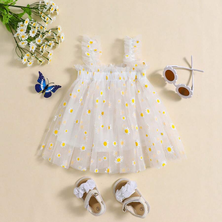 Baby Girl Daisy Mesh Fluffy Princess Dress With Shoulder Strap - White - View 1