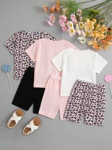 3 件套女婴豹纹纯色短袖上衣和短裤套装 - 彩色 - 查看 2